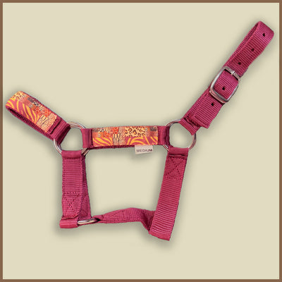 maroon miniature horse halter with animal print overlay